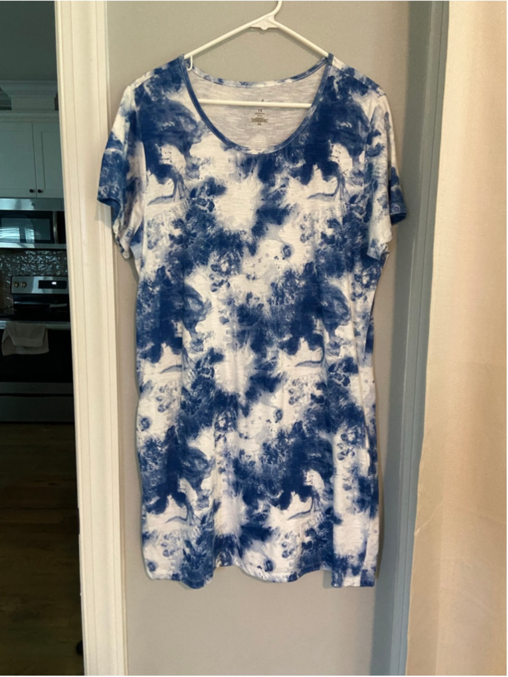 Cute blue and white tee dress with two front pockets by Just Be